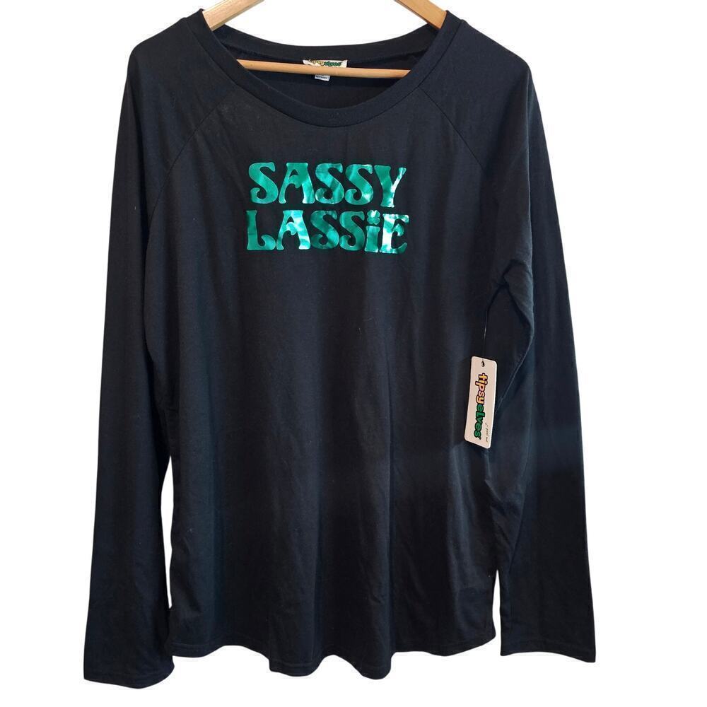 Tipsy Elves Sassy Lassie Blouse Women 1X Black Long Sleeve St. Patrick’s Day Fun